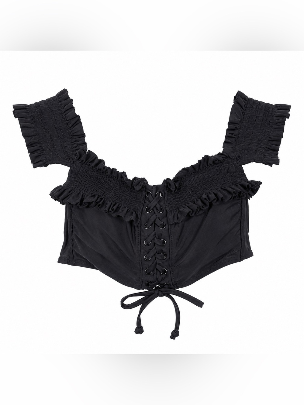 Black Ruffled Lace-Up swim top